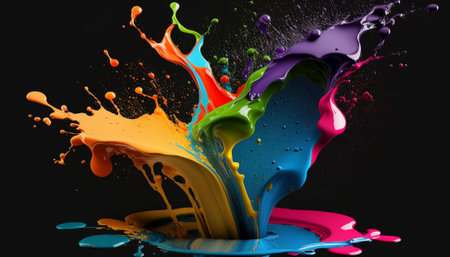 Colored paint splashes isolated on black background, ai generativeの素材