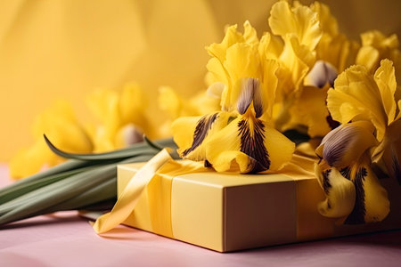 Irises flowers on bright yellow spring background, ai generativeの素材