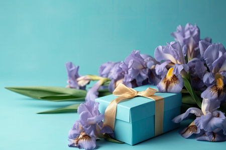 Beautiful fresh irises flowers, gift boxes and ver pastel blue background. Flat lay, top view with copy space for text. aigenerativeの素材
