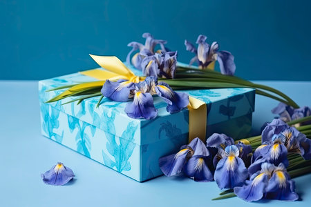 Beautiful fresh irises flowers, gift boxes and ver pastel blue background. Flat lay, top view with copy space for text. aigenerativeの素材