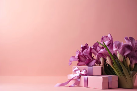 Beautiful fresh irises flowers, gift boxes and ver pastel pink background. Flat lay, top view with copy space for text. aigenerativeの素材