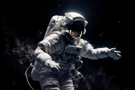 Flying astronaut from behind, isolated on black background. aigenerativeの素材