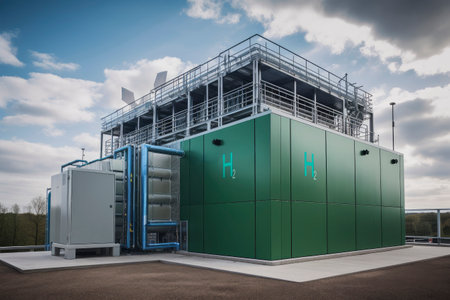 Green Hydrogen renewable energy production facility - green hydrogen gas for clean electricity solar and wind turbine facilityの素材