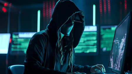 cybersecurity vulnerability and hacker,coding,malware concept. Hooded computer hacker in cybersecurity vulnerability on server room background metaverse digital world technology. aigenerativeの素材