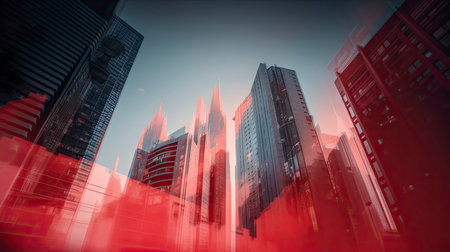 Financial graph on night city scape with tall buildings background double exposure. Analysis concept.の素材