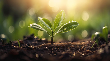 Growing plant,Young plant in the morning light on ground background,New life concept.Small plants on the ground in spring.fresh,seed,Photo fresh and Agriculture concept idea.の素材
