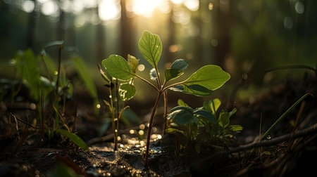 Growing plant,Young plant in the morning light on ground background,New life concept.Small plants on the ground in spring.fresh,seed,Photo fresh and Agriculture concept idea.の素材