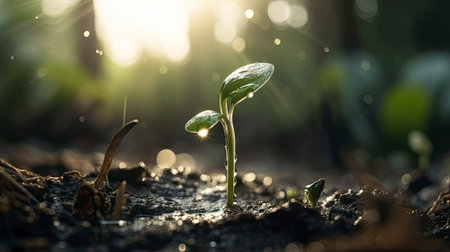 Close up Young seed germination and plant growing with rain water drop over green and morning sunlight environmentの素材