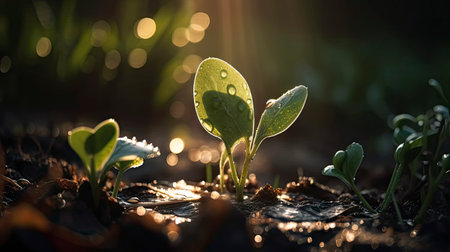 Close up Young seed germination and plant growing with rain water drop over green and morning sunlight environmentの素材
