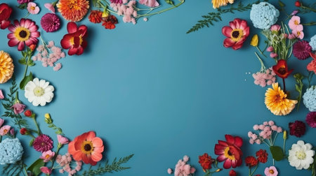Flowers composition. Multicolored flowers on pastel blue background. Spring, easter concept. Flat lay, top view, copy space, ai generativeの素材