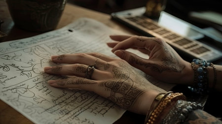 female fortune teller is reading the lifeline and heart line, concept palmistryの素材