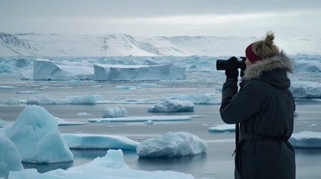 Female photographer taking picture of icebergs at Jokulsarlon, Icelandの素材