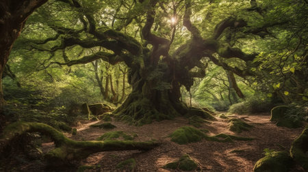 Old oak tree in the rainforest of Galicia, Spain.の素材