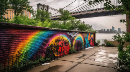 Rainbow graffiti on the Brooklyn Bridge in New York City. The bridge is one of the most famous bridges in the world.の素材