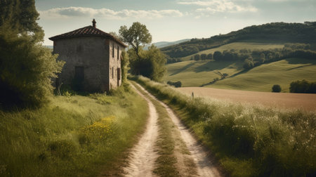 Rural landscape in Tuscany, Italy. Country road and old houseの素材