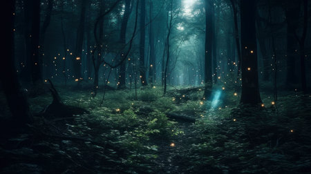Mysterious dark forest with magic light. Halloween concept. 3D Renderingの素材