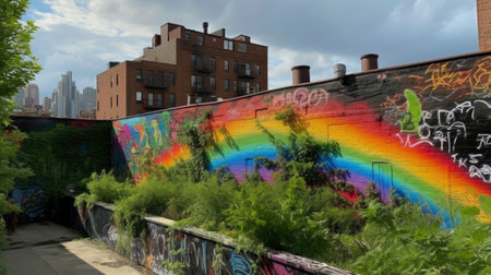 Rainbow graffiti on the wall of a building in Brooklyn.の素材