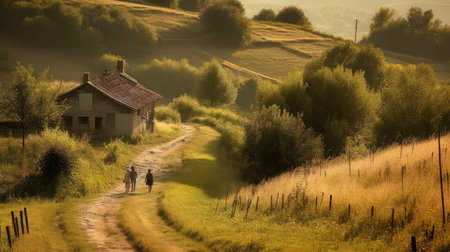 Couple walking on a rural road in Tuscany, Italyの素材