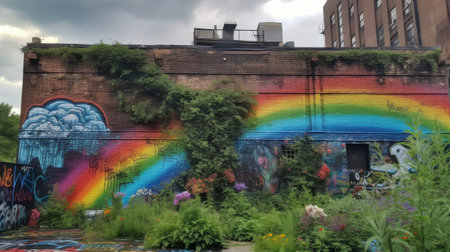 Rainbow painted on a wall in Brooklyn, New York.の素材
