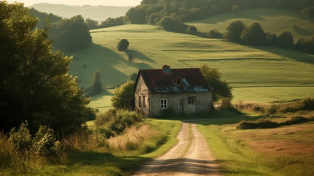 Beautiful rural landscape in the morning light. Country road and old house.の素材