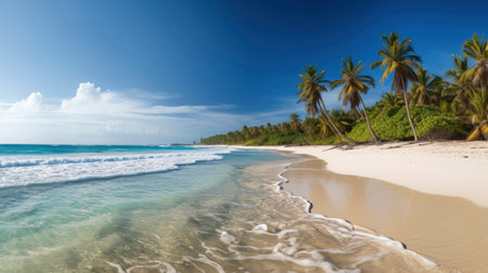 Panoramic view of a tropical beach with palm trees and white sandの素材