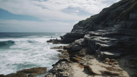 Beautiful seascape with waves crashing on the rocks and cliffsの素材