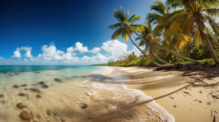 Panoramic view of beautiful tropical beach with coconut palm trees.の素材