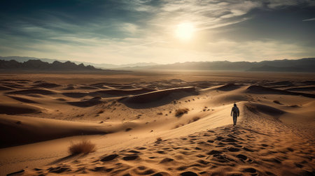Man in the desert with sand dunes at sunset. 3d renderingの素材