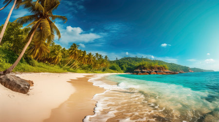 Beautiful beach with palm trees at Seychelles - nature backgroundの素材