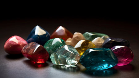 colorful semiprecious stones on a dark background closeupの素材