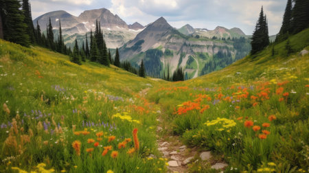 Meadow with wildflowers in Glacier National Park, Montanaの素材