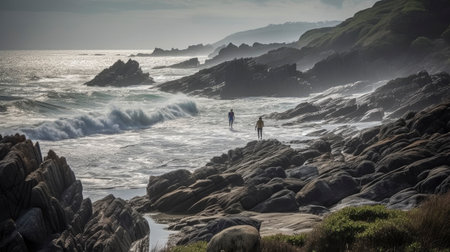 A man and a woman walking along a rocky beach in New Zealandの素材