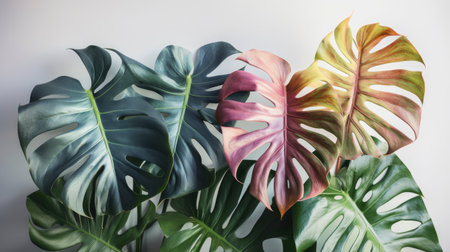 Tropical leaves in various colors on white space background. Abstract monstera leaf decoration design. aigenerativeの素材