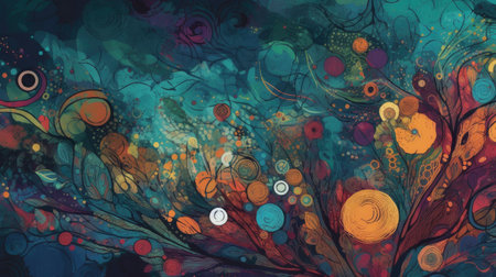 abstract background with colorful circles and lines in the shape of a treeの素材