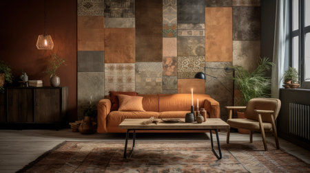 Interior of living room with brown sofa, armchair and coffee table. 3d renderingの素材