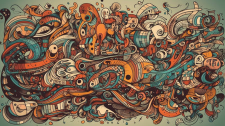 Cartoon vector hand drawn doodles hippie illustration. Colorful detailed, with lots of objects backgroundの素材