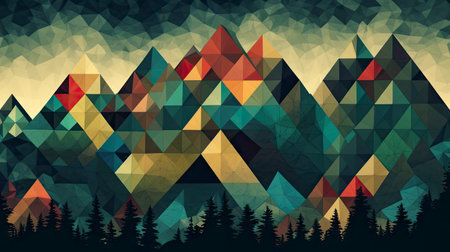 Abstract polygonal background with mountains and coniferous forest.の素材