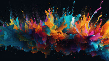 Colorful paint splashes isolated on black background. 3d renderingの素材