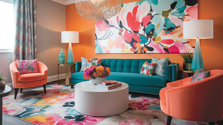 Interior of a living room with sofa and pink armchair.の素材