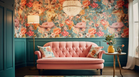 Vintage interior of living room with pink sofa, lamp and flowersの素材