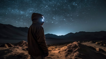 Astronaut in spacesuit looking at starry sky. mixed mediaの素材