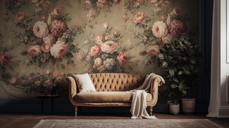 Luxury sofa in classic interior with floral wallpaper. 3d renderingの素材