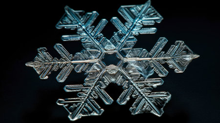 Macro shot of a snowflake on a black background with reflectionの素材