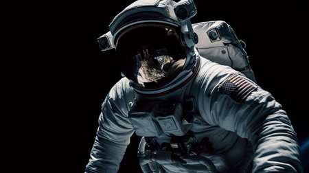 Astronaut in space suit and helmet on black background. mixed mediaの素材