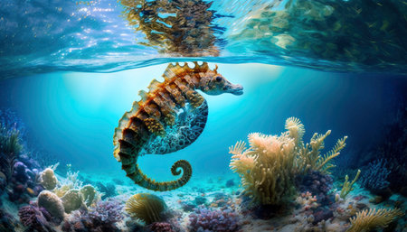 Seahorse swimming underwater in the ocean. 3d illustration.の素材