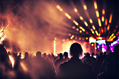 Silhouette of a concert crowd at a music festival, background with stage lightsの素材