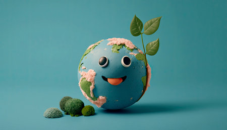 Easter egg with a smiley face and a green plant on a blue backgroundの素材