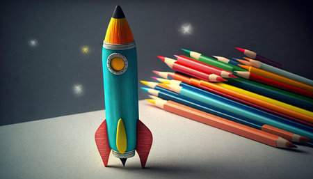 Rocket ship with colorful pencils on gray background. 3d renderingの素材