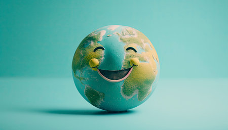Easter egg with smiley face on turquoise background.の素材