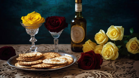 Two wineglasses with wine, crackers and roses on the tableの素材